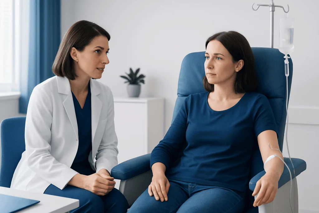 Doctor consulting with a patient receiving infusion therapy at Acibadem Hospital.
