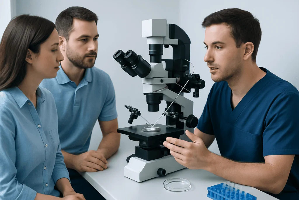 Medical professionals examining a sample under a microscope in a laboratory setting.