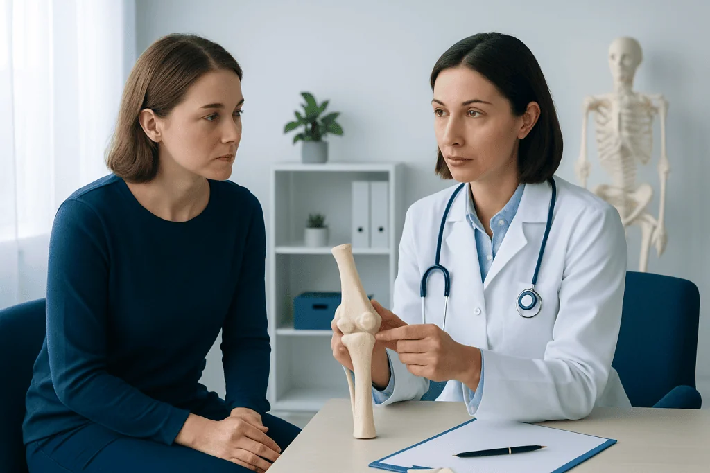 Doctor explaining knee symptoms to a patient in a medical consultation.