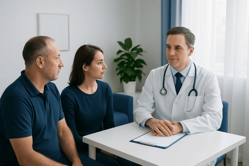Doctor consulting with a patient and family in a medical office.