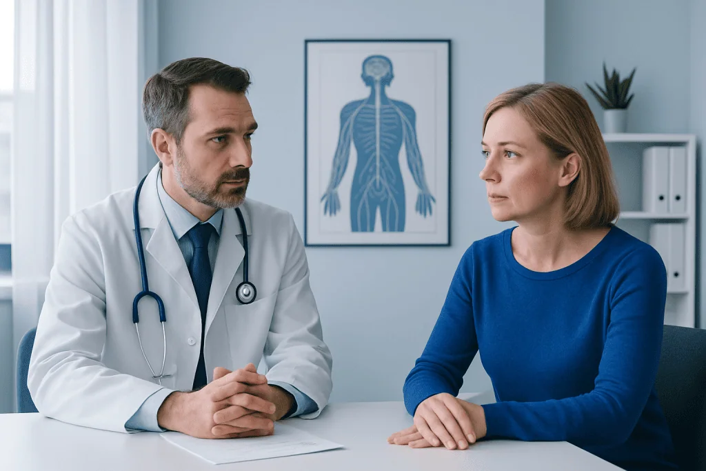 Doctor consulting with a female patient in a medical office.