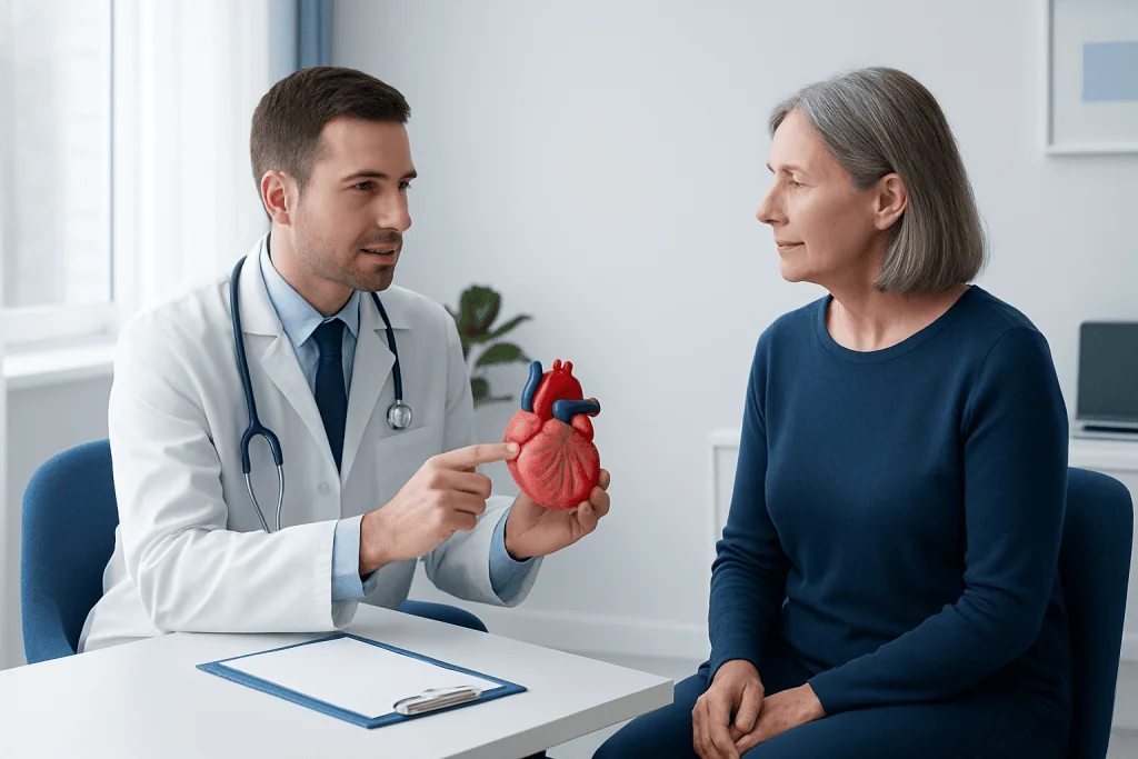 Doctor explaining heart anatomy to an elderly woman in a medical consultation.