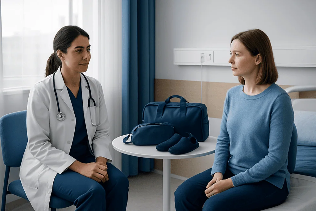 Doctor and patient in hospital room with comfort items on table.