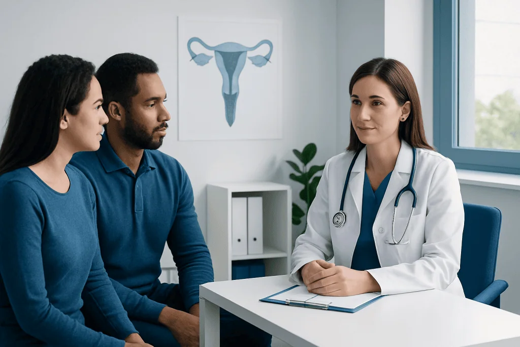 Doctor consulting with couple about fertility options in a clinic setting.