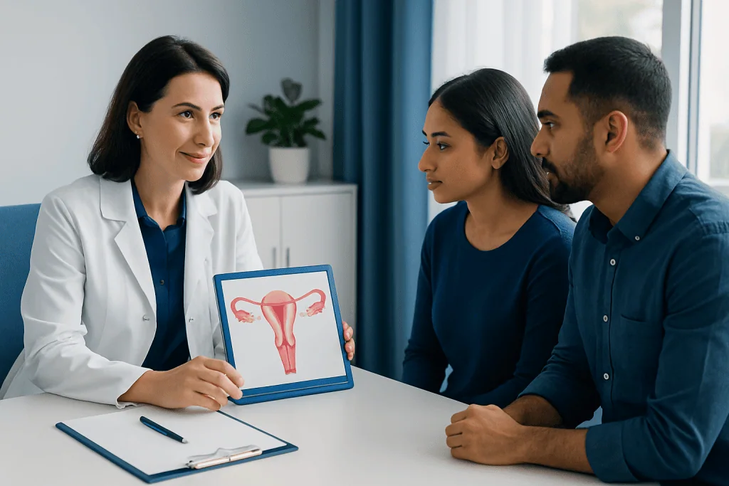Fertility specialist explains uterine health to a couple during consultation.