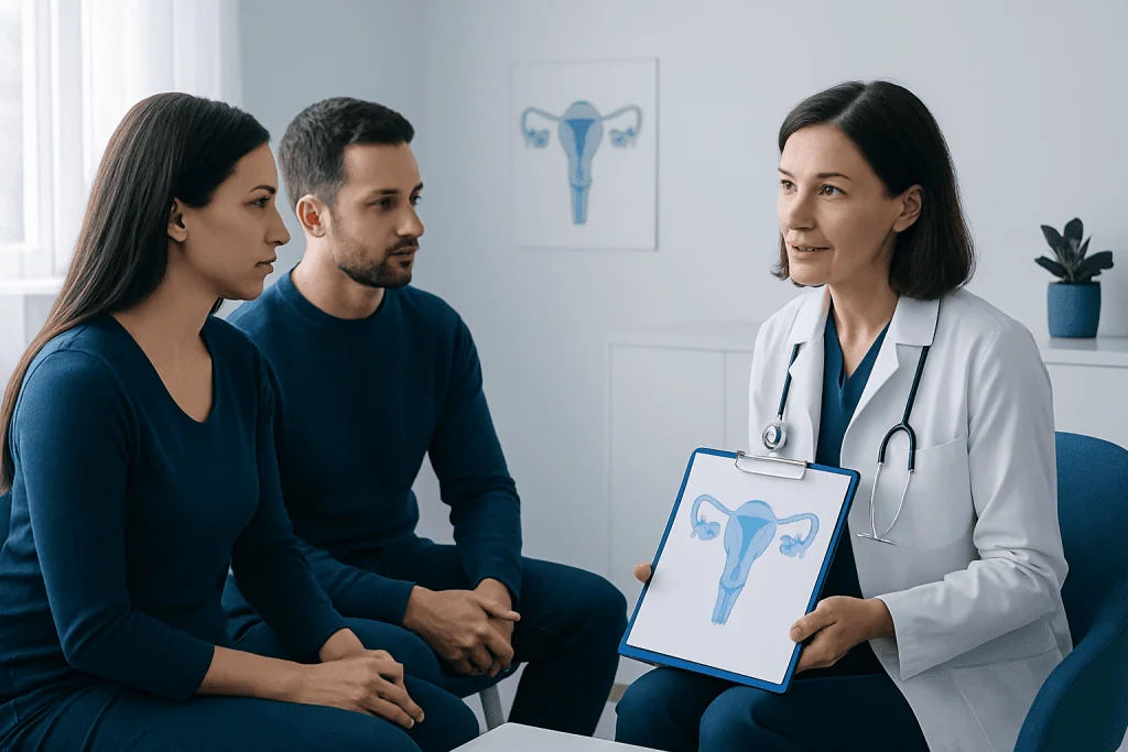 Doctor explaining fertility options to a couple in a consultation room.