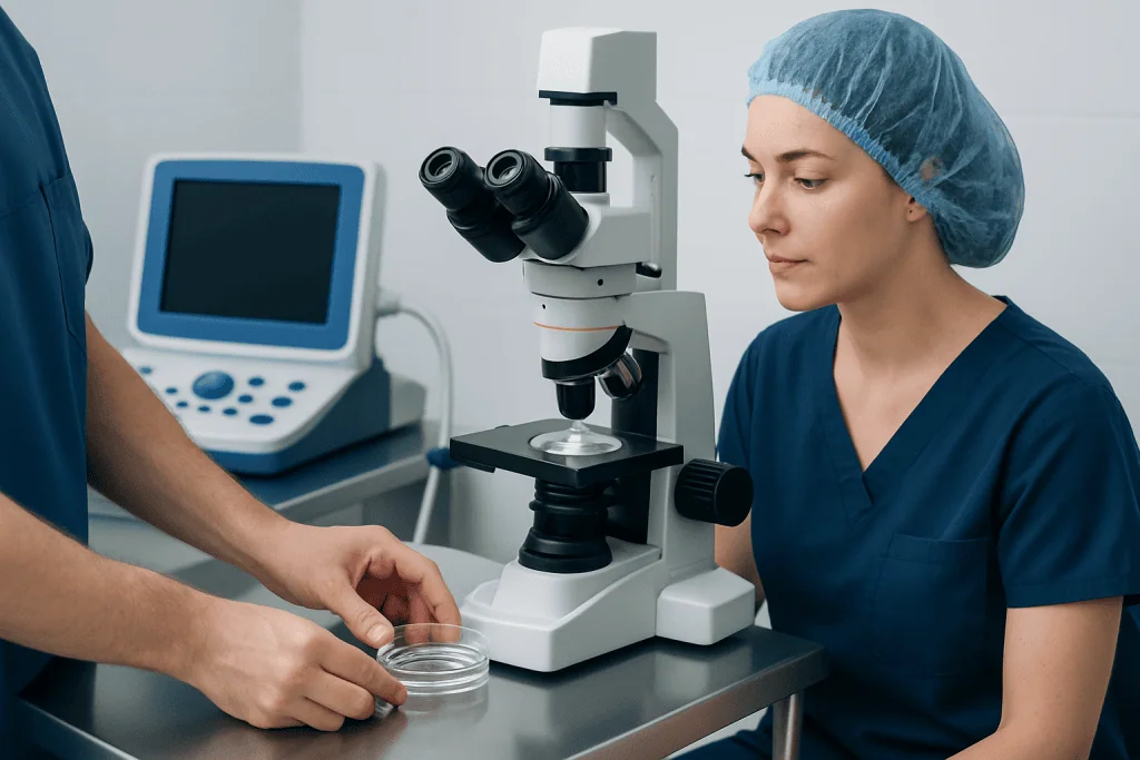 Medical professional using microscope in a laboratory setting at Acibadem Hospitals.