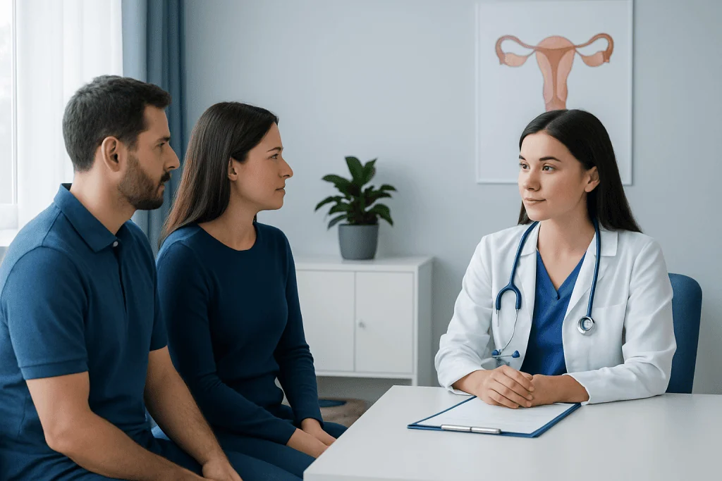 Doctor consulting with a couple about fertility options in a modern clinic.