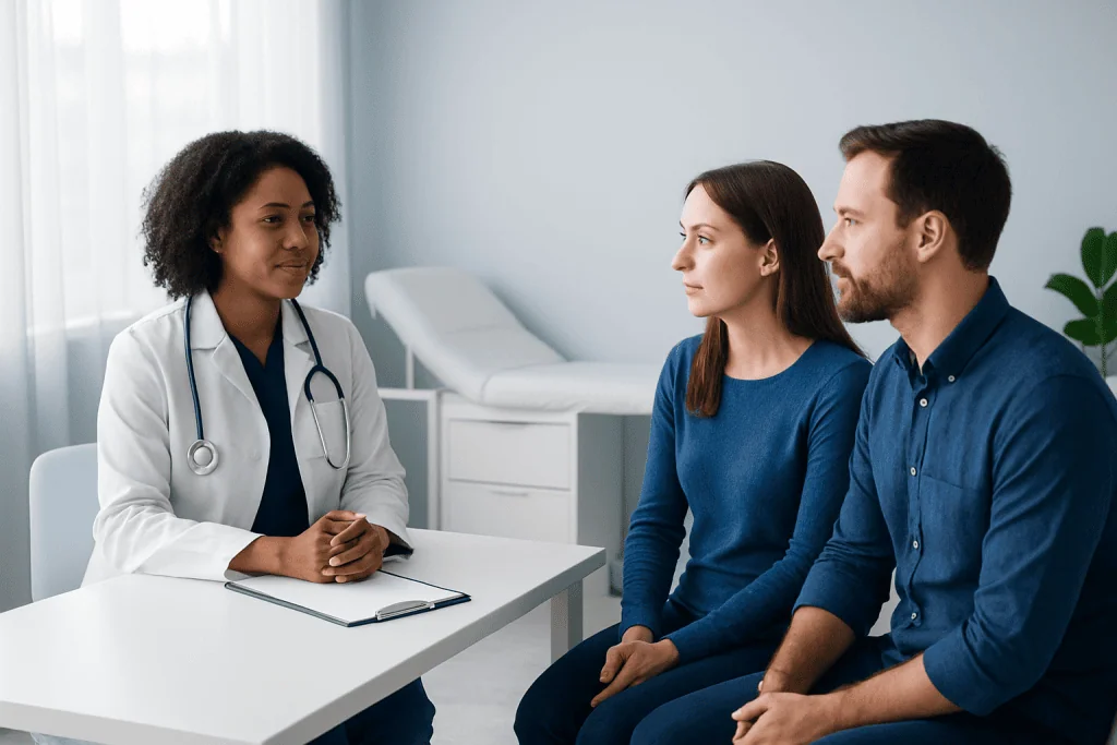 Doctor consulting with a couple in a medical office setting.