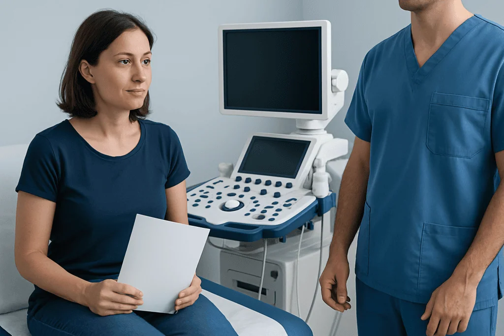 Patient consulting with doctor in a medical examination room at Acibadem Hospital.