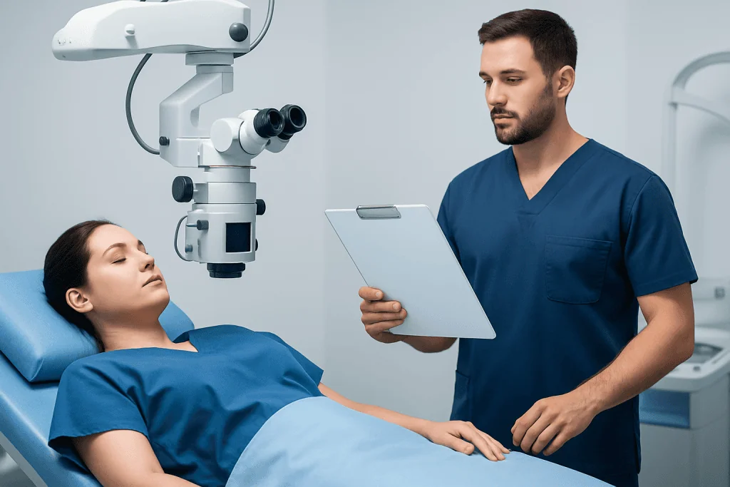 Surgeon and patient in a modern hospital operating room.