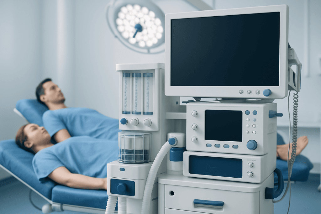 Hospital operating room with patient and medical equipment ready for surgery.