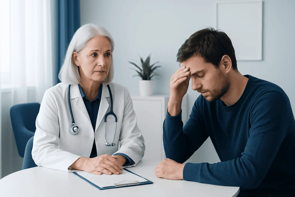 Doctor consulting with a young man experiencing stress or burnout.