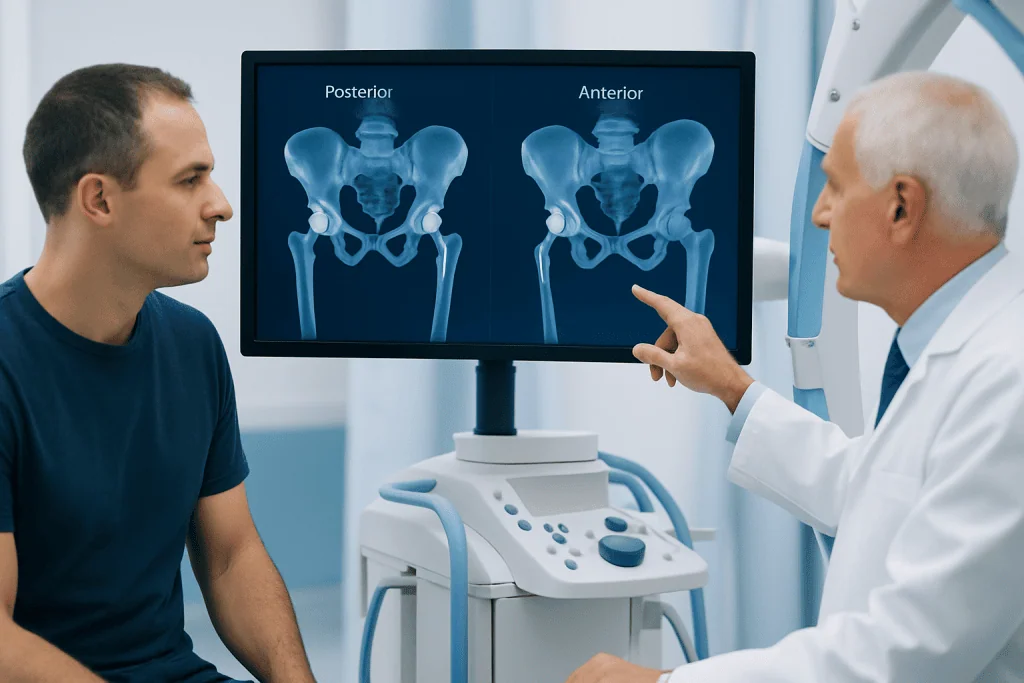 Doctor explains posterior and anterior hip replacement differences to patient.