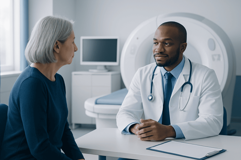 Doctor consulting with an elderly patient in a modern hospital setting.