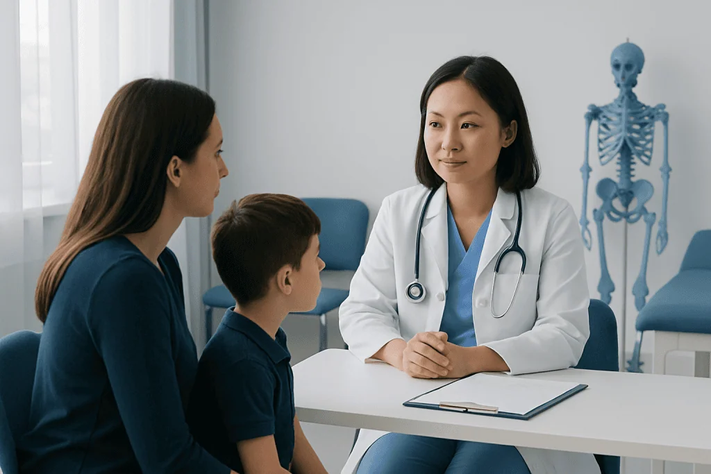 Pediatric consultation at Acibadem Hospital with doctor and young patient.