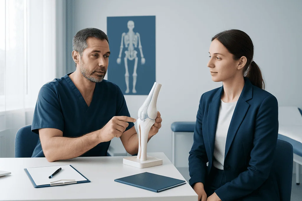 Orthopedic consultation at Acibadem Hospital with doctor explaining knee joint model.