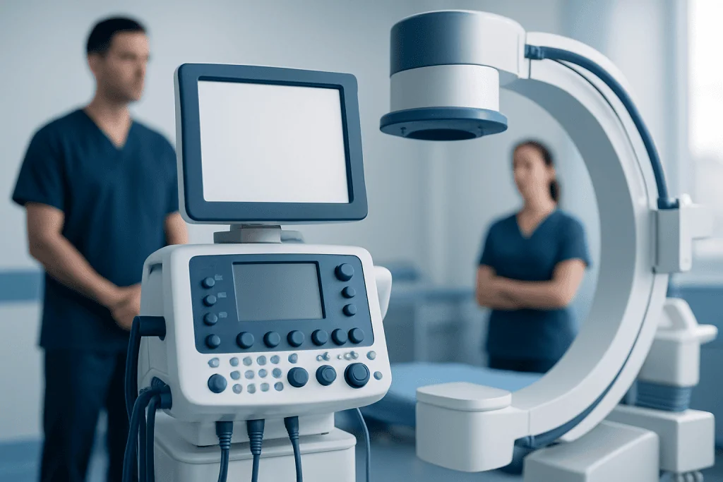 Medical imaging equipment in a hospital setting with healthcare professionals in the background.