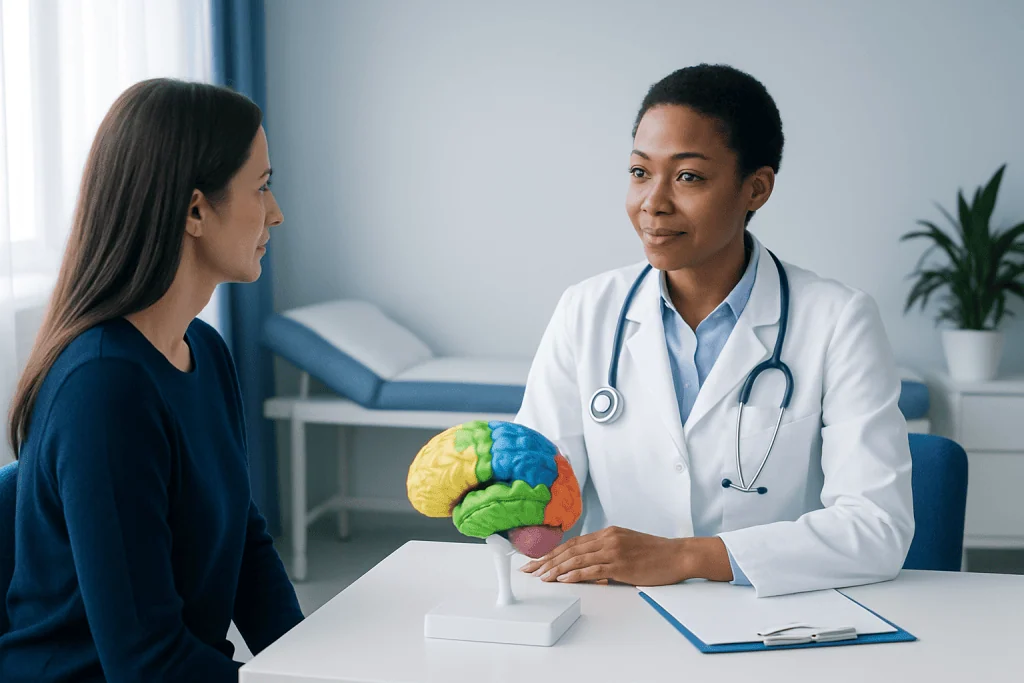 Doctor explaining brain model to patient in medical consultation room.