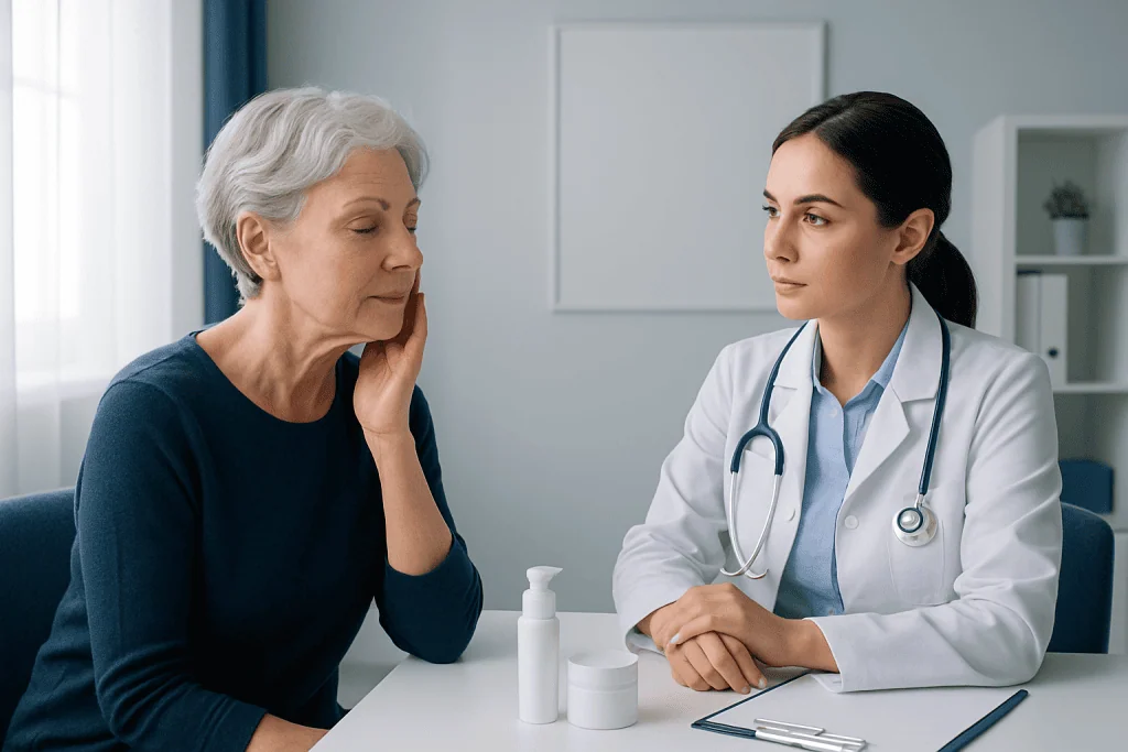 Doctor consulting with elderly woman about skin care in clinic setting.