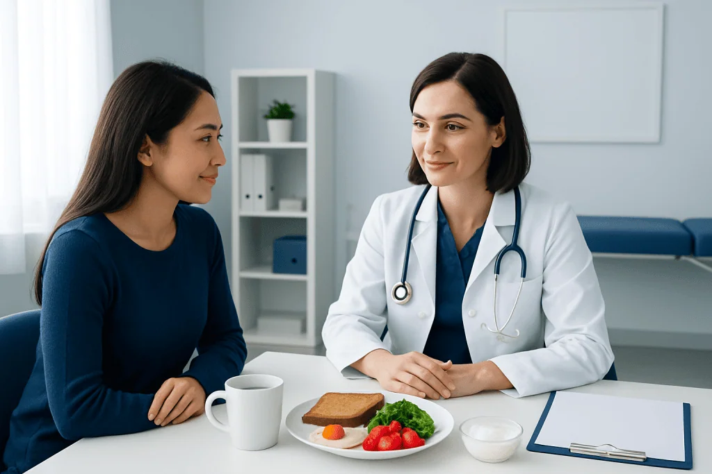 Doctor consulting with patient about healthy breakfast options for energy and fullness.