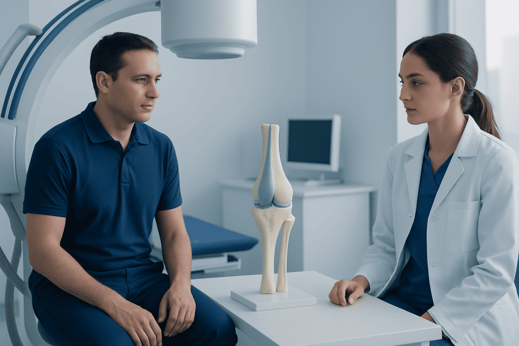 Doctor explaining knee joint health to patient in medical consultation room.