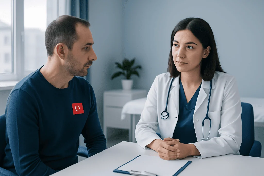 Doctor discussing pain management options with patient in clinic.