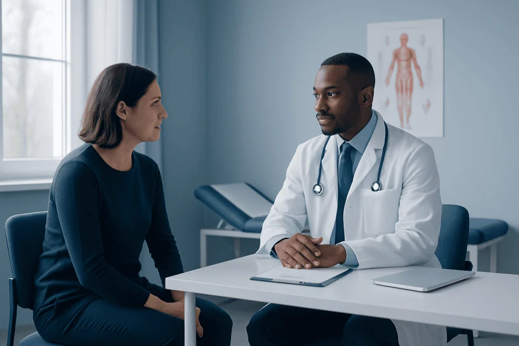 Doctor consulting with a female patient in a medical office setting.