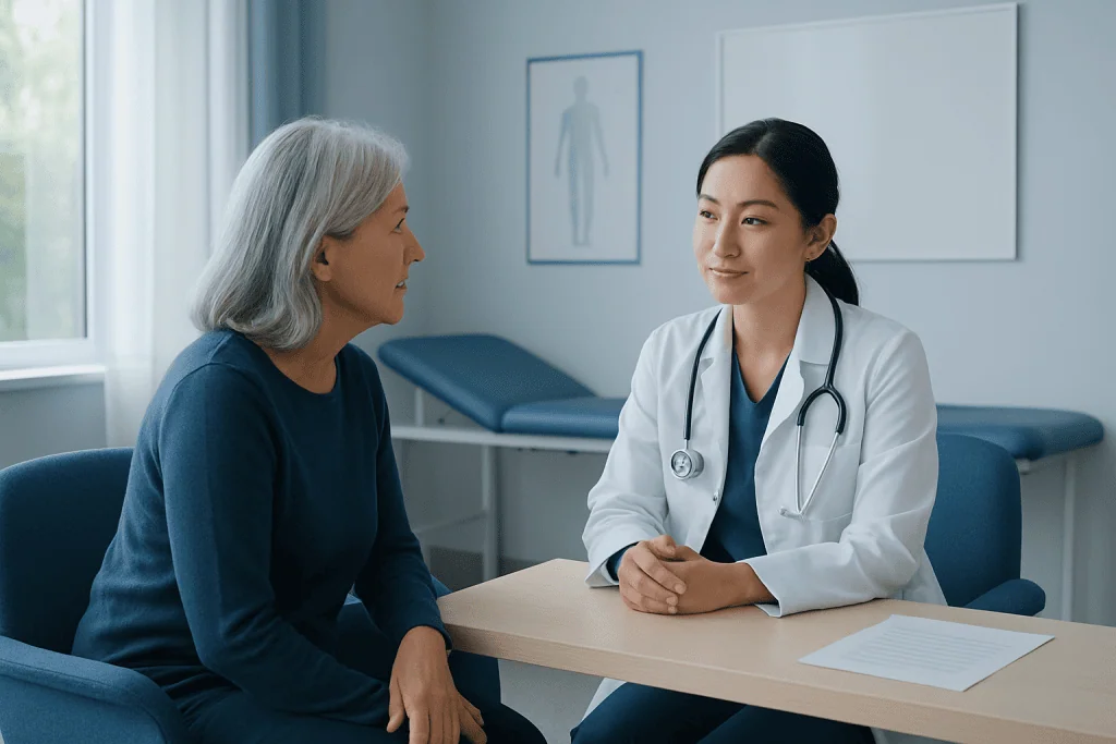 Doctor consulting with an elderly female patient in a medical office.
