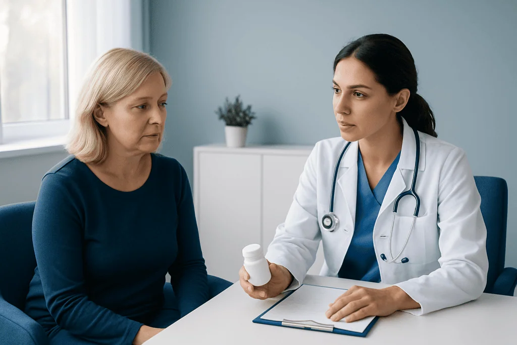 Doctor consulting with a patient about medication options in a clinic setting.