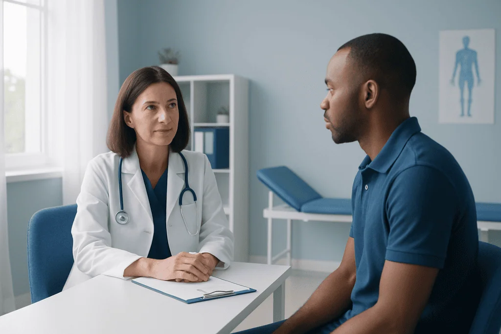 Doctor consulting with a patient in a modern medical office.