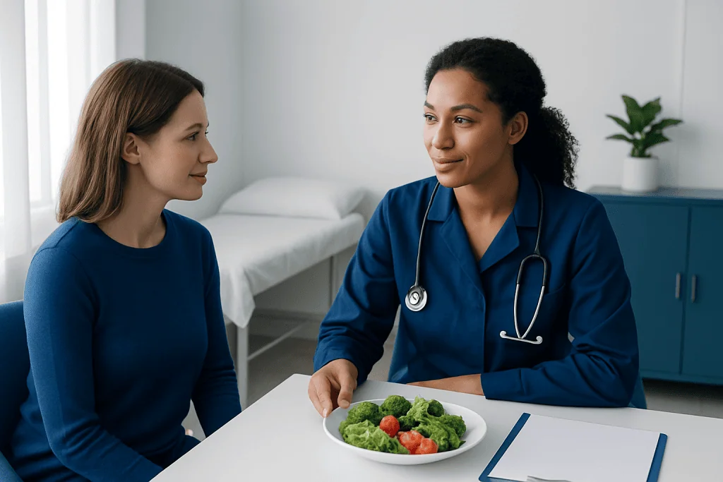 Doctor discussing healthy food options with patient in a medical consultation.