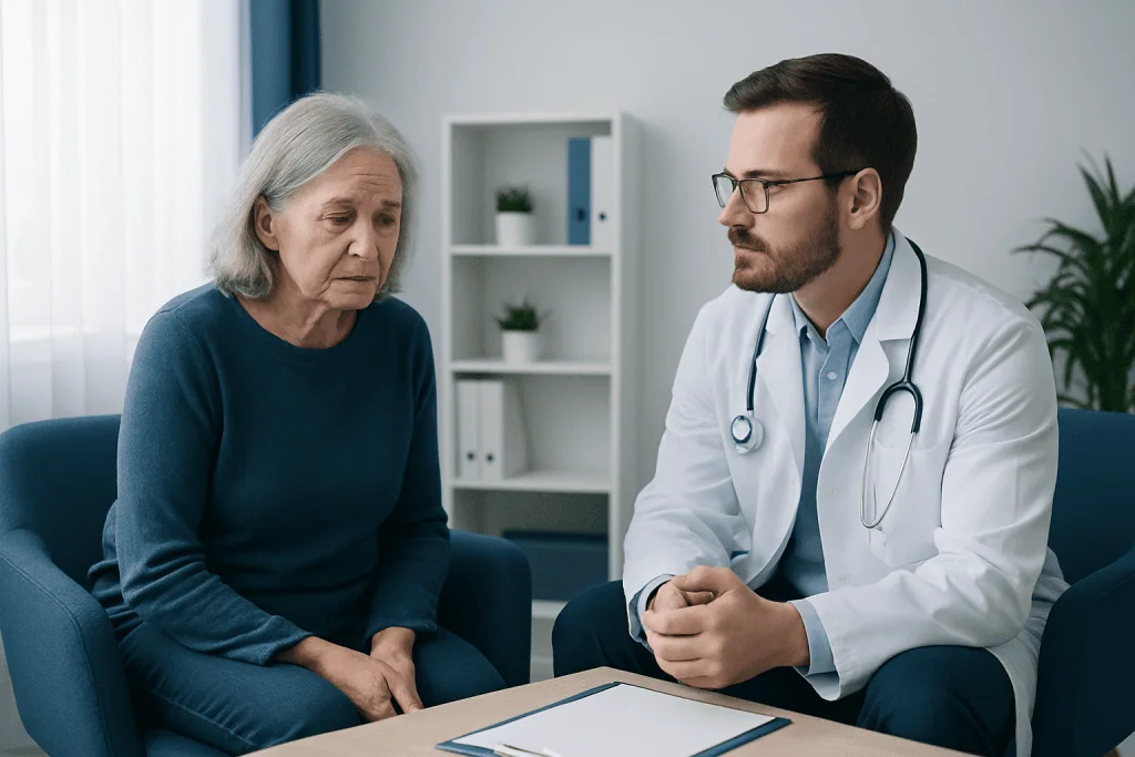Doctor consulting with elderly woman about cognitive health.