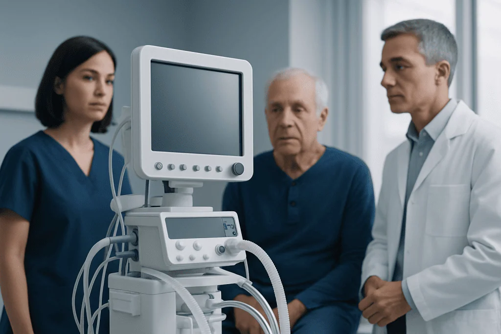 Medical team discussing patient with monitor in hospital setting.