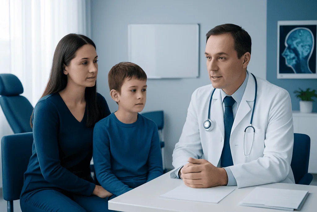 Doctor consulting with a mother and child in a medical office.