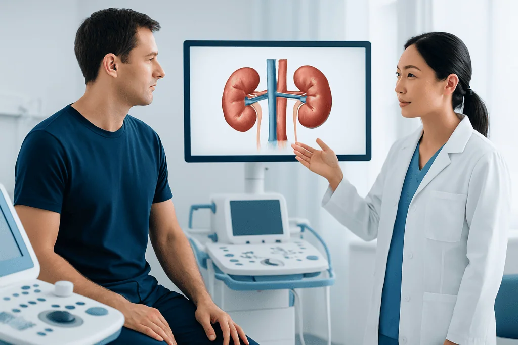 Doctor explaining kidney anatomy to patient in medical consultation room.