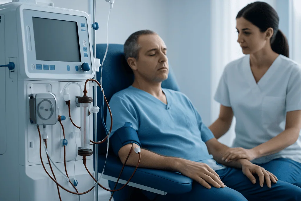 Patient undergoing dialysis treatment in a hospital setting.