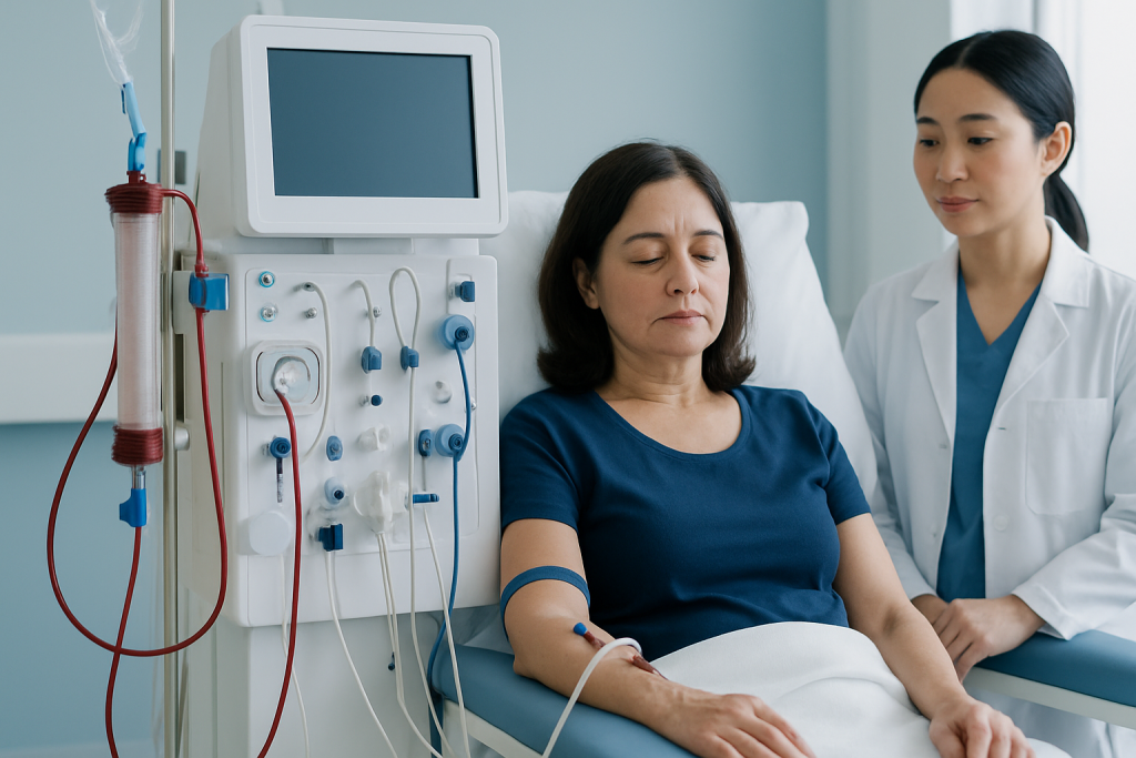 Patient receiving dialysis treatment in a hospital setting.