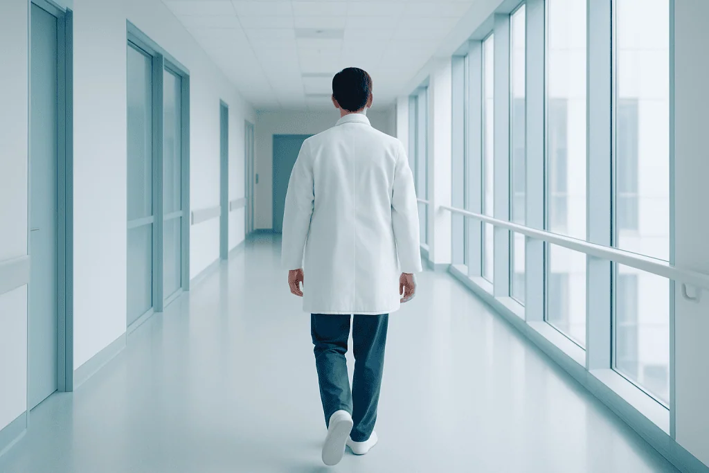 Kidney Transplant at Acibadem Hospital 1 Doctor walking down hospital corridor with large windows and natural light.
