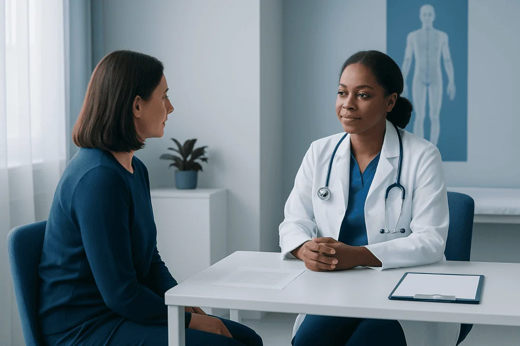 Doctor consulting with a patient in a medical office at Acibadem Hospitals Group.