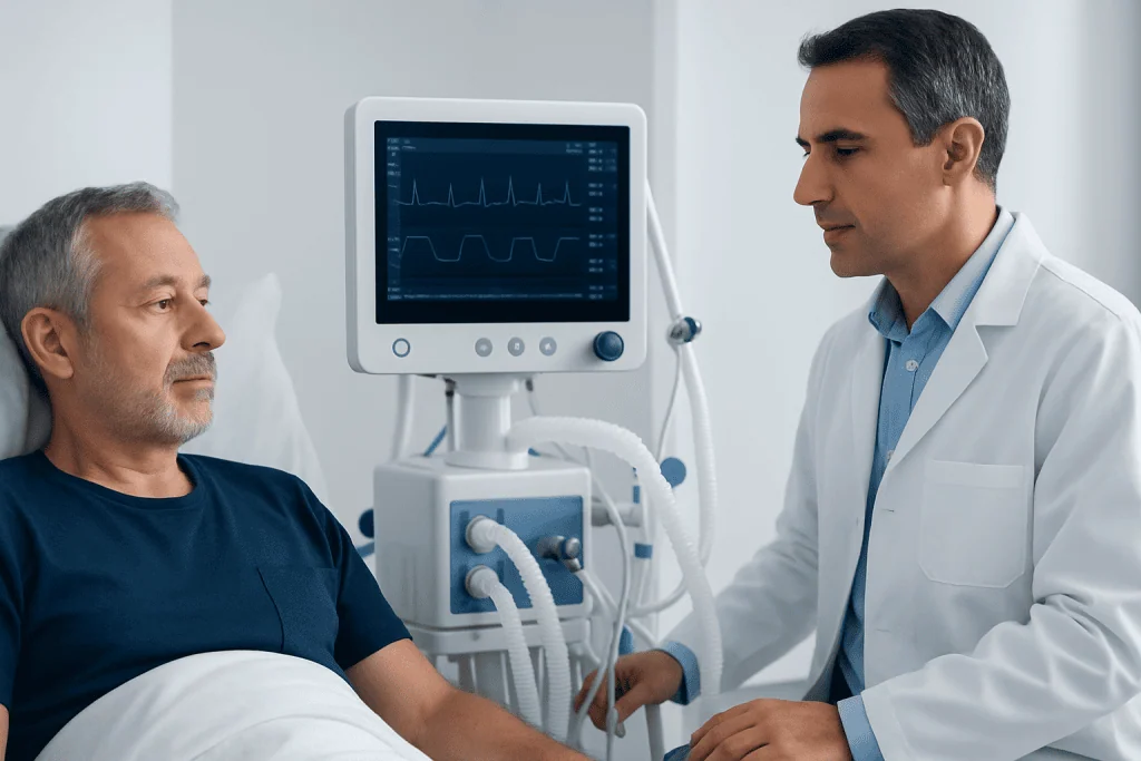 Doctor monitoring patient with medical equipment in hospital.