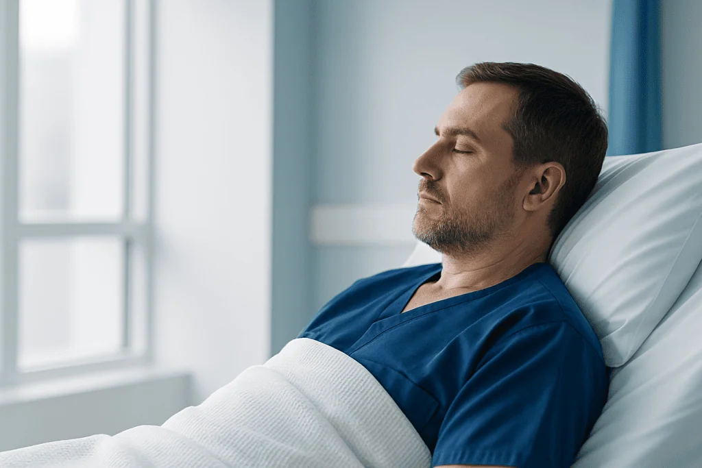 Kris Jenner Face Lift Benefits and Process 1 Male patient resting in hospital bed with eyes closed, medical gown, and hospital room background.