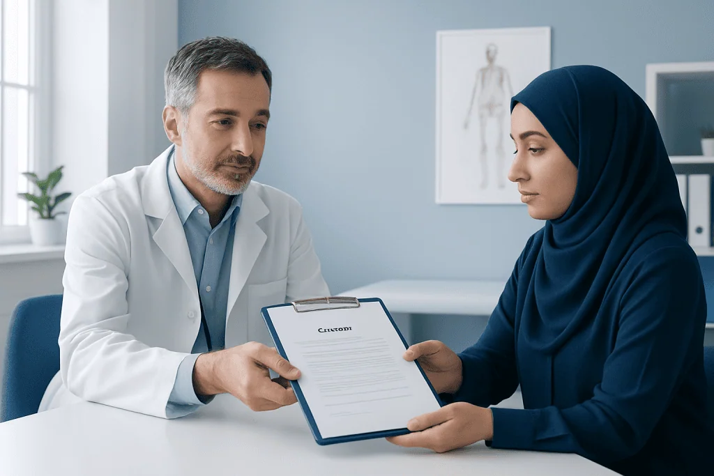 Doctor explaining medical consent form to a female patient in a clinic.