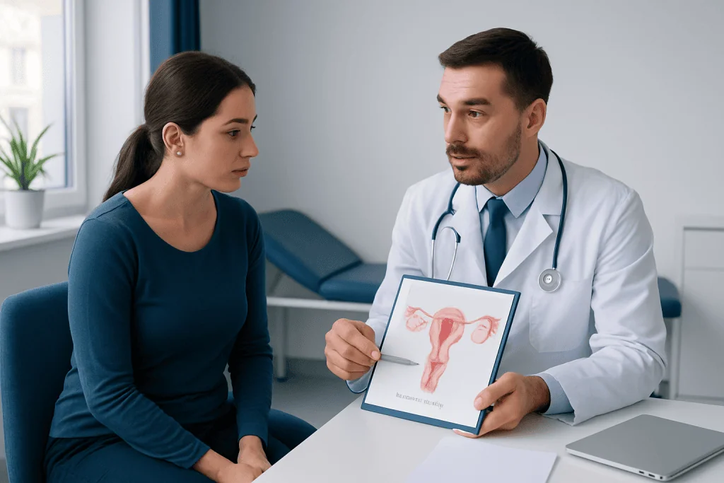 Gynecologist explaining ovarian anatomy to a patient in a consultation room.