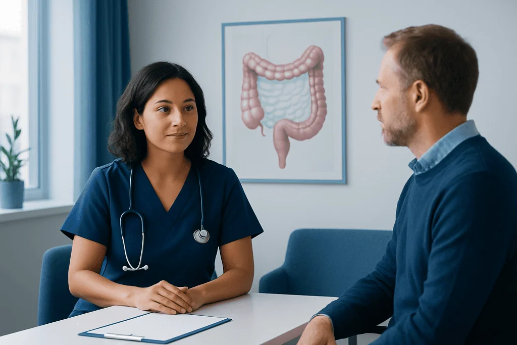Doctor explaining intestines to patient in a medical consultation.