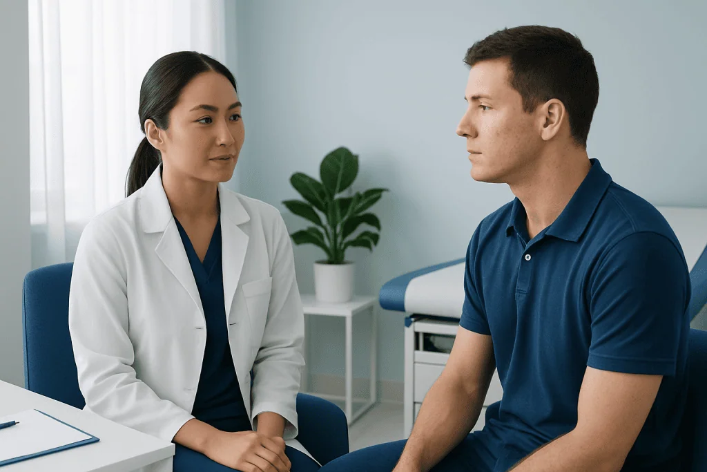 Doctor consulting patient in a modern clinic setting.