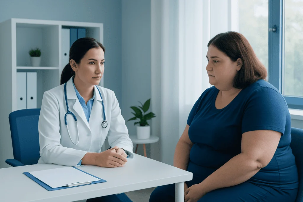 Doctor consulting with a patient about gastric surgery risks in a clinic.
