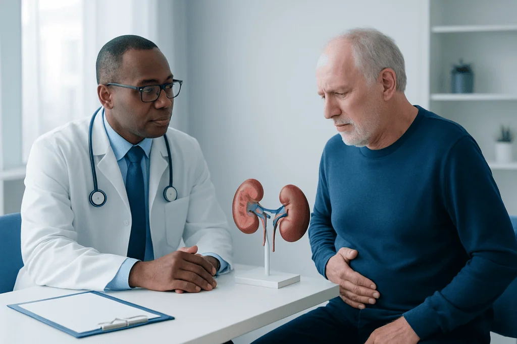 Doctor explaining kidney health to an elderly patient with a kidney model.