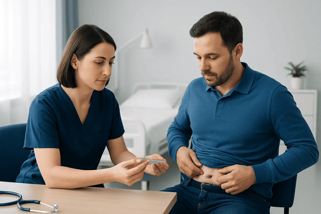 Doctor showing medication instructions to patient after discharge in hospital.