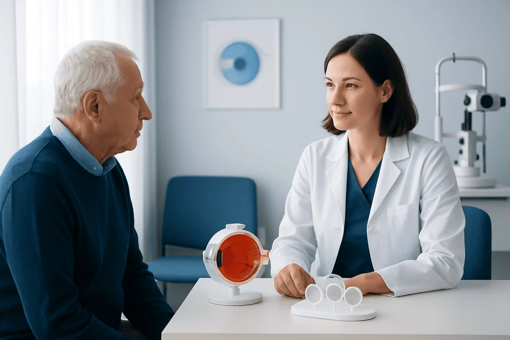 Ophthalmologist consulting elderly patient about eye health and lens options.